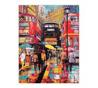 Artery8 Wall Art Print London Street In Neon Colours Oil Painting Rainy Day In Busy City Centre Street Vibrant Colourful Bold Pop Art Modern Painting Artery8 Multicolor W12" x H16"