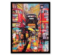 Artery8 Wall Art Print London Street In Neon Colours Oil Painting Rainy Day In Busy City Centre Street Vibrant Colourful Bold Pop Art Modern Painting Artery8 Multicolor W12" x H16"