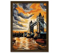Artery8 Wall Art Print London Tower Bridge Dramatic Sunset Sky Artwork Orange Grey River Thames Riverboat England Clouds Artwork Framed A4 in Brown Artery8 Brown A4