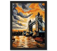 Artery8 Wall Art Print London Tower Bridge Dramatic Sunset Sky Artwork Orange Grey River Thames Riverboat England Clouds Artwork Framed A4 in Black Artery8 Black A4