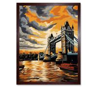 Artery8 Wall Art Print London Tower Bridge Dramatic Sunset Sky Artwork Orange Grey River Thames Riverboat England Clouds Art Framed Artery8 Brown W12" x H16"