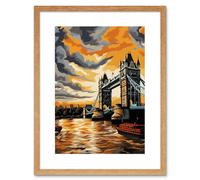 Artery8 Wall Art Print London Tower Bridge Dramatic Sunset Sky Artwork Orange Grey River Thames Riverboat England Clouds Artwork Framed 9X7 Inch Artery8 Beige W7" x H9"