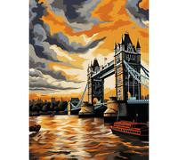 Artery8 Wall Art Print London Tower Bridge Dramatic Sunset Sky Artwork Orange Grey River Thames Riverboat England Clouds Poster | Size: W12" x H16" Artery8 Grey W12" x H16"
