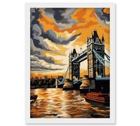 Artery8 Wall Art Print London Tower Bridge Dramatic Sunset Sky Artwork Orange Grey River Thames Riverboat England Clouds Artwork Framed A4 in White Artery8 White A4
