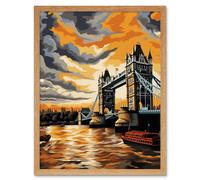 Artery8 Wall Art Print London Tower Bridge Dramatic Sunset Sky Artwork Orange Grey River Thames Riverboat England Clouds Art Framed Artery8 Light Oak W12" x H16"