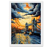 Artery8 Wall Art Print London Tower Bridge Dramatic Sunset Vibrant Artwork Blue Orange River Thames England Cloudy Sky Artwork Framed A4 in White Artery8 White A4
