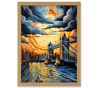 Artery8 Wall Art Print London Tower Bridge Dramatic Sunset Vibrant Artwork Blue Orange River Thames England Cloudy Sky Artwork Framed A4 in Light Oak Artery8 Light Oak A4