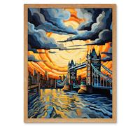 Artery8 Wall Art Print London Tower Bridge Dramatic Sunset Vibrant Artwork Blue Orange River Thames England Cloudy Sky Art Framed | Size: W12" x H16" Artery8 Light Oak W12" x H16"