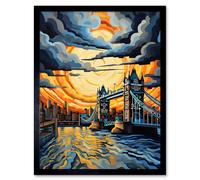 Artery8 Wall Art Print London Tower Bridge Dramatic Sunset Vibrant Artwork Blue Orange River Thames England Cloudy Sky Art Framed | Size: W12" x H16" Artery8 Black W12" x H16"