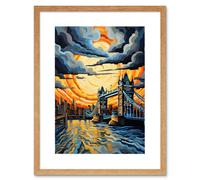 Artery8 Wall Art Print London Tower Bridge Dramatic Sunset Vibrant Artwork Blue Orange River Thames England Cloudy Sky Artwork Framed 9X7 Inch Artery8 Beige W7" x H9"
