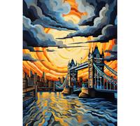 Artery8 Wall Art Print London Tower Bridge Dramatic Sunset Vibrant Artwork Blue Orange River Thames England Cloudy Sky Poster | Size: W18" x H24" Artery8 Orange W18" x H24"