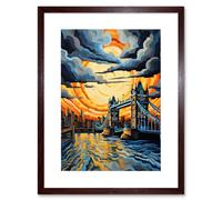 Artery8 Wall Art Print London Tower Bridge Dramatic Sunset Vibrant Artwork Blue Orange River Thames England Cloudy Sky Artwork Framed 9X7 Inch Artery8 Brown W7" x H9"