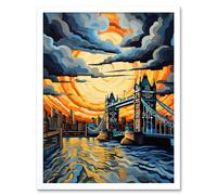 Artery8 Wall Art Print London Tower Bridge Dramatic Sunset Vibrant Artwork Blue Orange River Thames England Cloudy Sky Art Framed | Size: W12" x H16" Artery8 White W12" x H16"