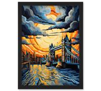 Artery8 Wall Art Print London Tower Bridge Dramatic Sunset Vibrant Artwork Blue Orange River Thames England Cloudy Sky Artwork Framed A4 in Black Artery8 Black A4
