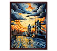 Artery8 Wall Art Print London Tower Bridge Dramatic Sunset Vibrant Artwork Blue Orange River Thames England Cloudy Sky Art Framed | Size: W12" x H16" Artery8 Brown W12" x H16"