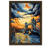 Artery8 Wall Art Print London Tower Bridge Dramatic Sunset Vibrant Artwork Blue Orange River Thames England Cloudy Sky Artwork Framed A4 in Brown Artery8 Brown A4
