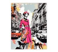 Artery8 Wall Art Print London Woman In Pink Retro Glam Fashion Collage Artwork Stylish Dog Walk Busy Downtown Street Vibrant Colourful Bold Pop Art Artery8 Multicolor W12" x H16"