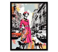 Artery8 Wall Art Print London Woman In Pink Retro Glam Fashion Collage Artwork Stylish Dog Walk Busy Downtown Street Vibrant Colourful Bold Pop Art Artery8 Multicolor W12" x H16"
