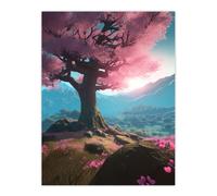 Artery8 Wall Art Print Lone Cherry Blossom Tree Blooming Painting Pink Blue Green Sunrise over Tranquil Forest Mountain Landscape Poster Artery8 Blue W12" x H16"
