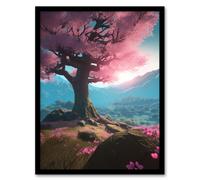 Artery8 Wall Art Print Lone Cherry Blossom Tree Blooming Painting Pink Blue Green Sunrise over Tranquil Forest Mountain Landscape Art Framed Artery8 Blue W12" x H16"