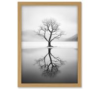 Wall Art Print Lone Tree by Frozen Lake Winter Landscape Black and White Photograph Artwork Framed A4 Artery8 Light Oak A4