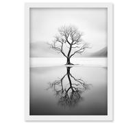 Wall Art Print Lone Tree by Frozen Lake Winter Landscape Black and White Photograph Artwork Framed A4 Artery8 White A4