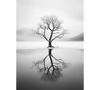 Artery8 Wall Art Print Lone Tree by Frozen Lake Winter Landscape Black & White Photograph Poster in Grey | Size: W12" x H16" Artery8 Grey W12" x H16"