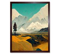 Artery8 Wall Art Print Lone Tree Snowy Mountain Abstract Landscape Turquoise Mustard White Art Framed in Brown | Size: W12" x H16" Artery8 Brown W12" x H16"