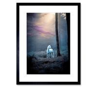 Artery8 Wall Art Print Lone White Forest Horse Photograph Enchanted Landscape Sunbeam Artwork Framed 9X7 Inch in Black | Size: W7" x H9" Artery8 Black W7" x H9"