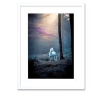 Artery8 Wall Art Print Lone White Forest Horse Photograph Enchanted Landscape Sunbeam Artwork Framed 9X7 Inch | Size: W7" x H9" Artery8 White W7" x H9"
