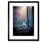 Artery8 Wall Art Print Lone White Forest Horse Photograph Enchanted Landscape Sunbeam Artwork Framed 9X7 Inch