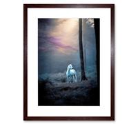 Artery8 Wall Art Print Lone White Forest Horse Photograph Enchanted Landscape Sunbeam Artwork Framed 9X7 Inch in Brown | Size: W7" x H9" Artery8 Brown W7" x H9"