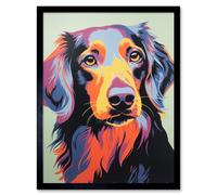 Artery8 Wall Art Print Long Haired Dachshund Dog Colourful Artwork Orange Blue Purple Pet Portrait Cute Art Framed in Black | Size: W12" x H16" Artery8 Black W12" x H16"