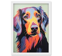 Artery8 Long Haired Dachshund Dog Colourful Artwork Orange Blue Purple Pet Portrait Cute Artwork Framed Wall Art Print A4