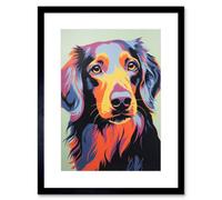 Artery8 Wall Art Print Long Haired Dachshund Dog Colourful Artwork Orange Blue Purple Pet Portrait Cute Artwork Framed 9X7 Inch