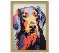 Wall Art Print Long Haired Dachshund Dog Colourful Artwork Orange Blue Purple Pet Portrait Cute Artwork Framed A4 Artery8 Light Oak A4