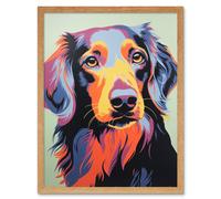 Artery8 Wall Art Print Long Haired Dachshund Dog Colourful Artwork Orange Blue Purple Pet Portrait Cute Art Framed in Light Oak | Size: W12" x H16" Artery8 Light Oak W12" x H16"