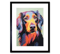 Artery8 Wall Art Print Long Haired Dachshund Dog Colourful Artwork Orange Blue Purple Pet Portrait Cute Artwork Framed 9X7 Inch | Size: W7" x H9" Artery8 Black W7" x H9"