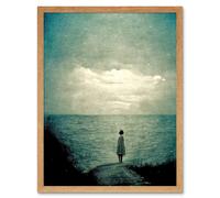 Artery8 Wall Art Print Looking Out To Sea Dreamscape Lone Woman Dusk Calm Elegant Panting Art Framed in Light Oak | Size: W12" x H16" Artery8 Light Oak W12" x H16"