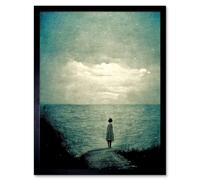Artery8 Wall Art Print Looking Out To Sea Dreamscape Lone Woman Dusk Calm Elegant Panting Art Framed in Black | Size: W12" x H16" Artery8 Black W12" x H16"