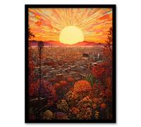 Wall Art Print Los Angeles LA California Sunburst Cityscape Rich Golden Floral Sunshine Art Framed Artery8 Orange A4