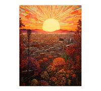 Artery8 Wall Art Print Los Angeles LA California Sunburst Cityscape Rich Golden Floral Sunshine Poster in Orange | Size: W12" x H16" Artery8 Orange W12" x H16"