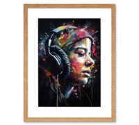 Artery8 Wall Art Print Lost in Melody Listening to Music Through Headphones Modern Acrylic Splat Paint Colour Painting Artwork Framed 9X7 Inch Artery8 Beige W7" x H9"