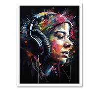 Artery8 Wall Art Print Lost in Melody Listening to Music Through Headphones Modern Acrylic Splat Paint Colour Painting Art Framed | Size: W12" x H16" Artery8 White W12" x H16"