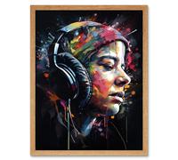 Artery8 Wall Art Print Lost in Melody Listening to Music Through Headphones Modern Acrylic Splat Paint Colour Painting Art Framed | Size: W12" x H16" Artery8 Light Oak W12" x H16"