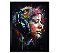 Artery8 Wall Art Print Lost in Melody Listening to Music Through Headphones Modern Acrylic Splat Paint Colour Painting Art Framed | Size: W12" x H16" Artery8 Black W12" x H16"