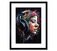 Artery8 Wall Art Print Lost in Melody Listening to Music Through Headphones Modern Acrylic Splat Paint Colour Painting Artwork Framed 9X7 Inch Artery8 Black W7" x H9"