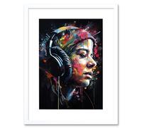 Artery8 Wall Art Print Lost in Melody Listening to Music Through Headphones Modern Acrylic Splat Paint Colour Painting Artwork Framed 9X7 Inch Artery8 White W7" x H9"
