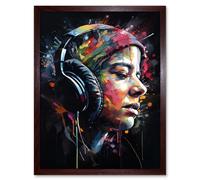 Artery8 Wall Art Print Lost in Melody Listening to Music Through Headphones Modern Acrylic Splat Paint Colour Painting Art Framed | Size: W12" x H16" Artery8 Brown W12" x H16"