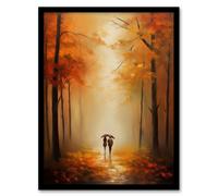 Artery8 Wall Art Print Lovers Walk Landscape Oil Painting Romantic Stroll In An Autumn Forest Amber Trees On A Serene Path Bedroom Art Framed Artery8 Orange W12" x H16"